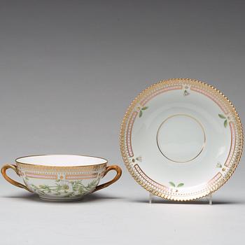 A set of three Royal Copenhagen 'Flora Danica' soup dishes with stands, and a dish, Denmark, 20th Century.