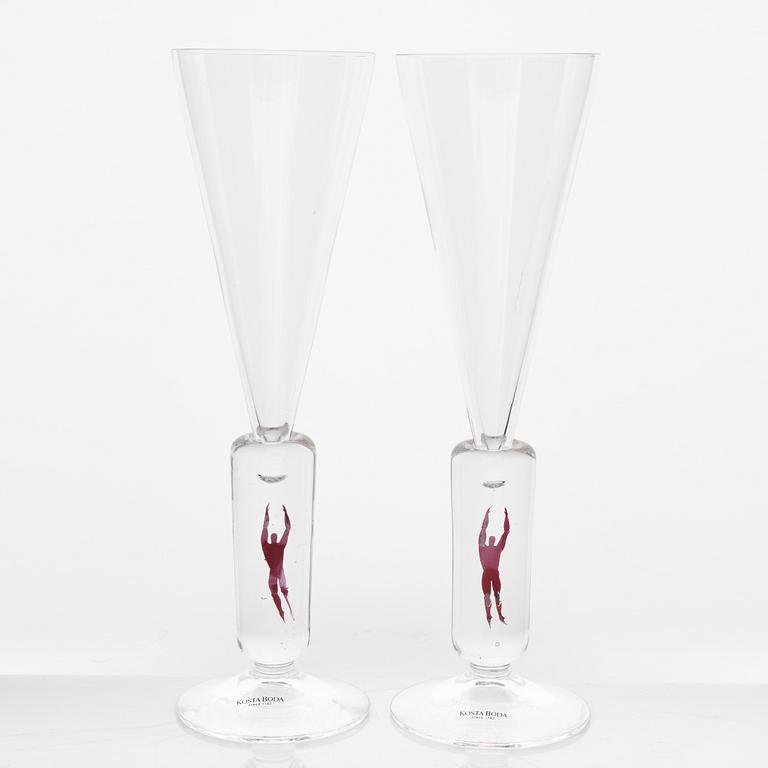 Bertil Vallien, six 'Millenium' champagne glasses, Kosta Boda.