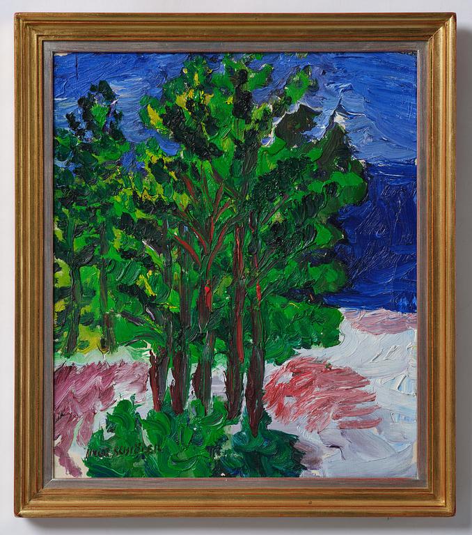 Inge Schiöler, Coastal view with pine trees.