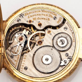 Hamilton, pocket watch, 50 mm, 14K gold in three colours, lever escapement.