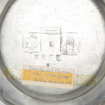 Bowl and 2 plates, pewter, various masters, Stockholm.