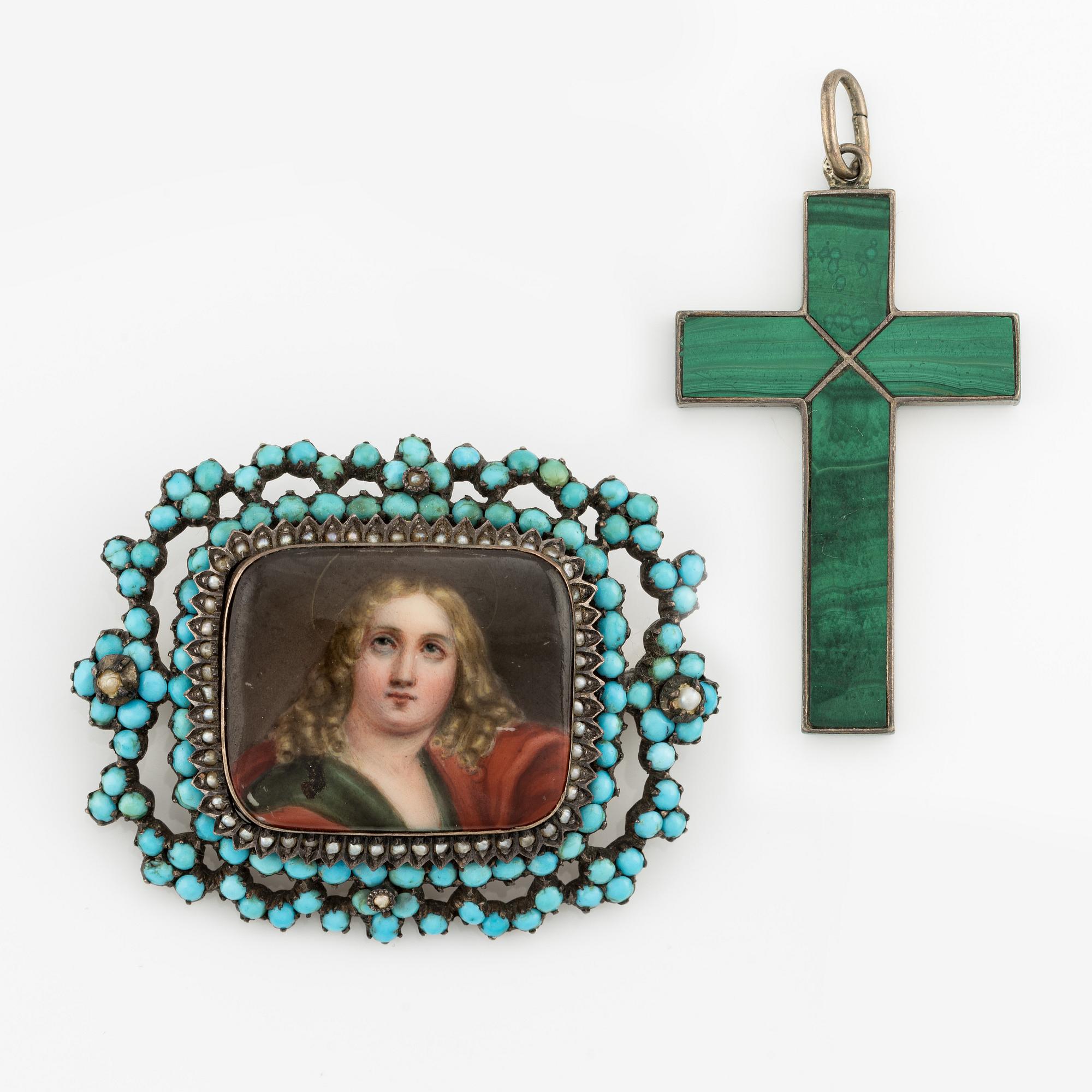 Pendant, cross, and brooch.