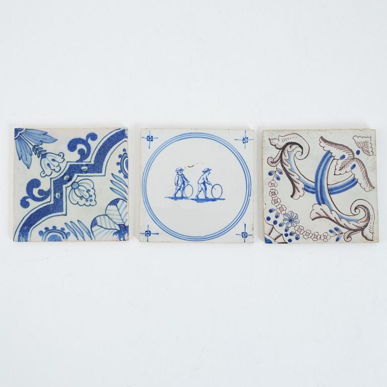 Nine blue and white tiles, probably 18th century, Delft, Holland.