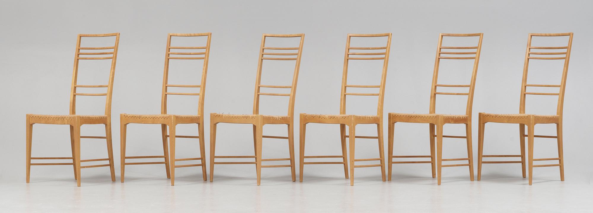 A set of six Erik Chambert 'Poem' birch and rattan dining chairs, Chambert's, Norrköping, Sweden, probably 1950's.