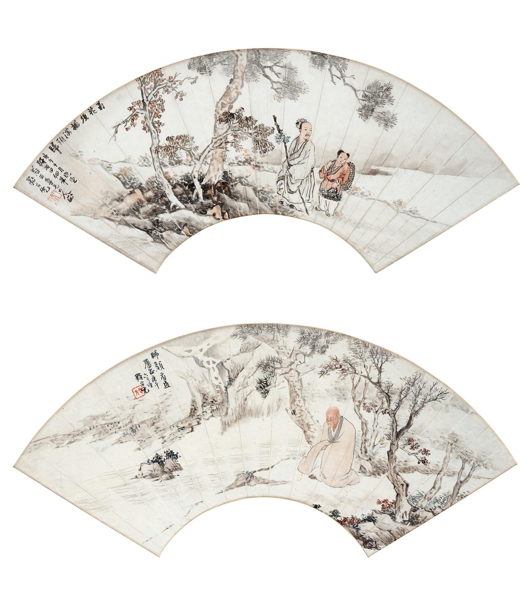 Two fan-paintings of figures in landscapes, late Qing dynasty/early 20th century.