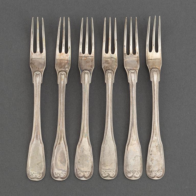 6 swedish silver dessert forks, mark of  Jacob Lampa, Stockholm 1777.
