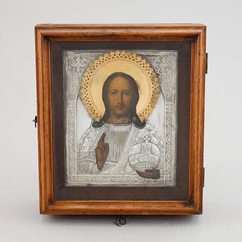 ICON, Russia, 20th Century, tempera on panel with brass ochlad.