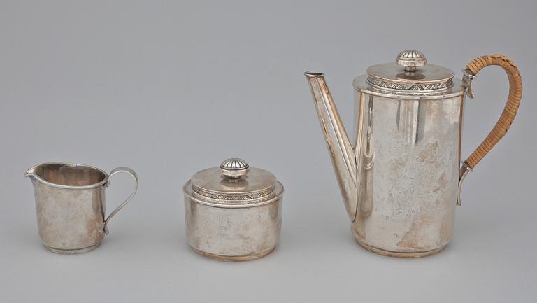 KAFFESERVIS, 3 delar, silver, Carl Fredrik Carlman, Stockholm 1949. Ca 800g.
