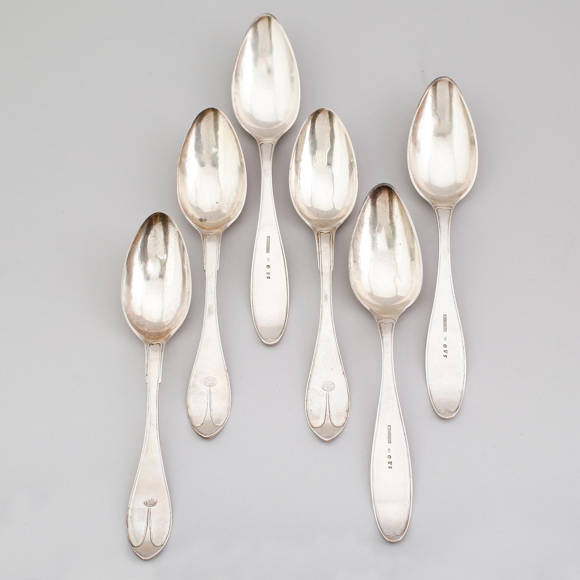 MATSKEDAR, 6 st snarlika, silver, svenska stämplar, 1800-tal. Vikt ca 365 gram.