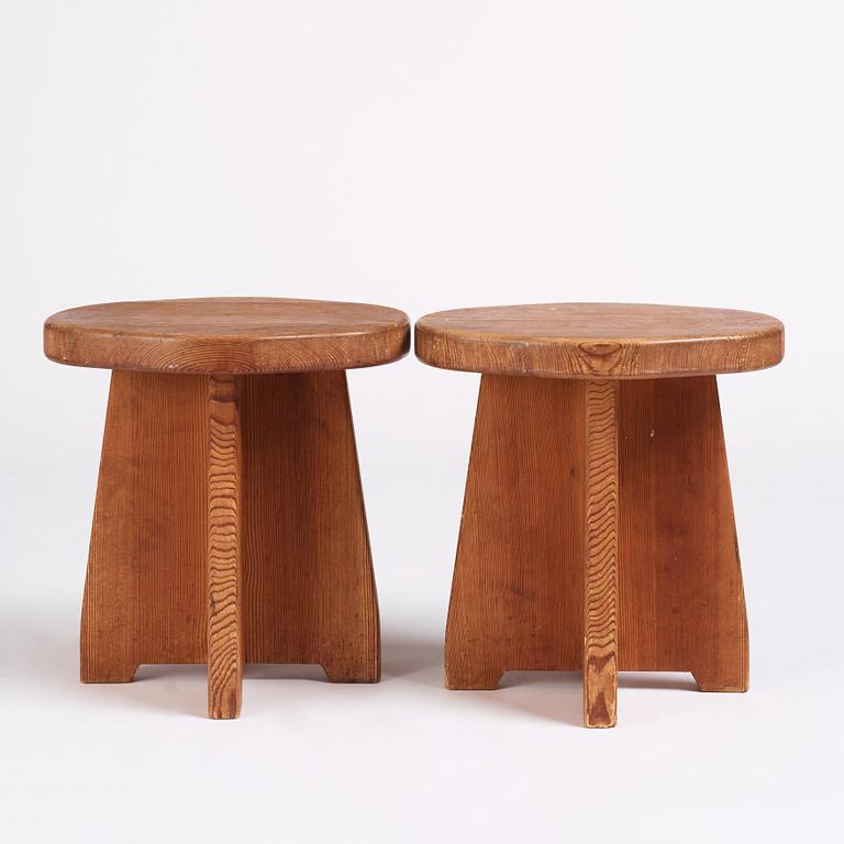 David Rosén, two 'Berga' stained pine stools, Nordiska Kompaniet, Sweden 1940s.