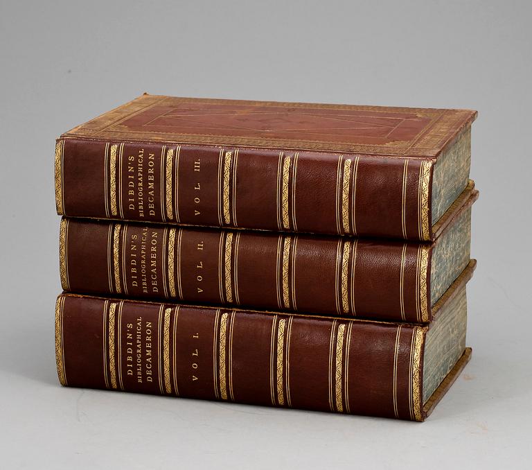 BOK, 3 vol, "The Bibliographical Decameron or Ten Days Pleasant Discourse" av Thomas Frognall Dibbin, London 1817.