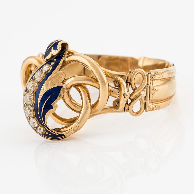 Armband 18K guld med emaljdetaljer och gammalslipade diamanter, 1800-tal.