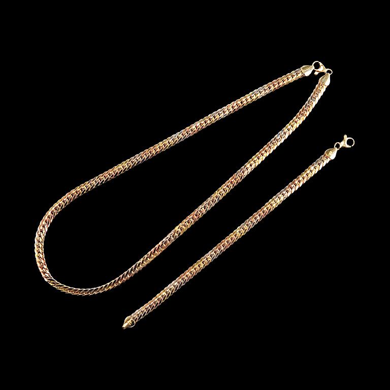 A NECKLACE AND A BRACELET, yellow, white and red gold.