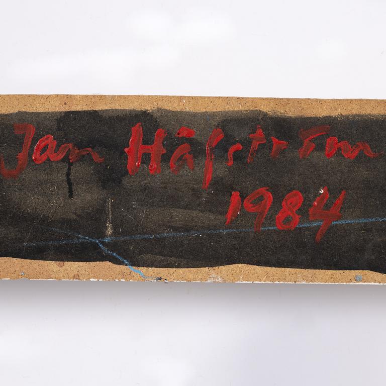 Jan Håfström, signerad och daterad 1984 a tergo. Akryl på tyg, ståltråd och trä.
