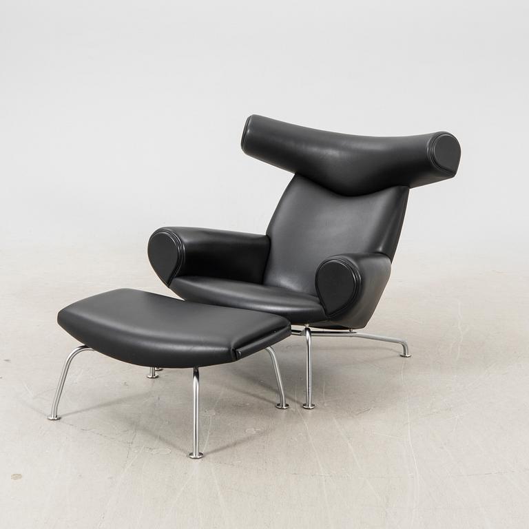 Hans J. Wegner,  a leather Ox-chair armchair and stool EJ-100 Erik Jørgensen Denmark.