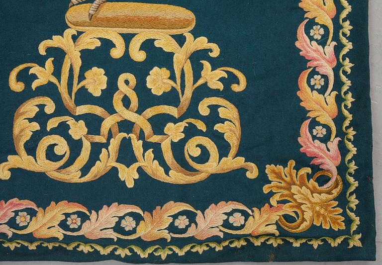 Broderade paneler, 4 st., ull på ylle, ca 186-190,5 x 131,5-137 cm per styck, troligen England 1700-tal.