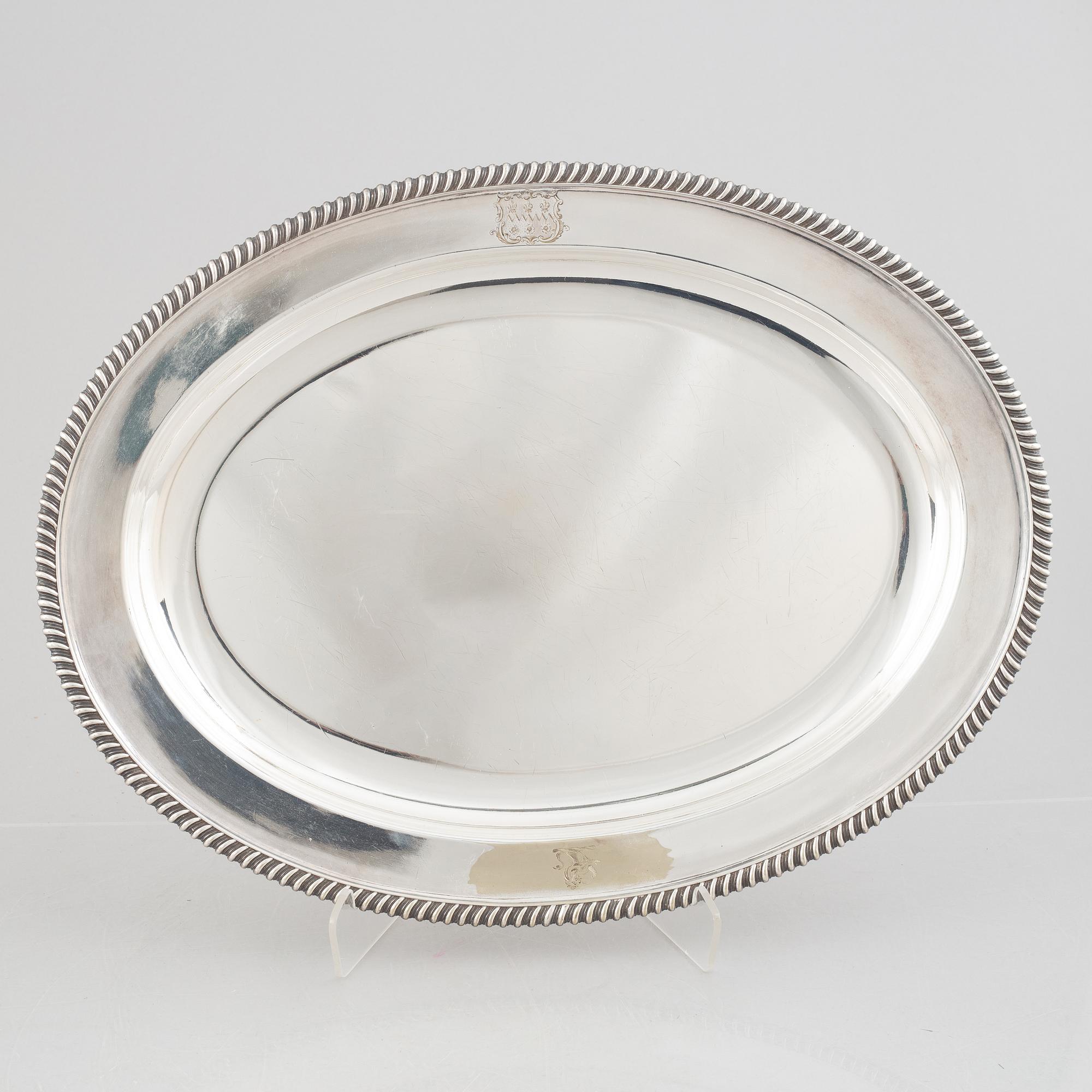 A silver plate food dome cover, Atkin Brothers, Sheffield, England, and a dish, circa 1900.
