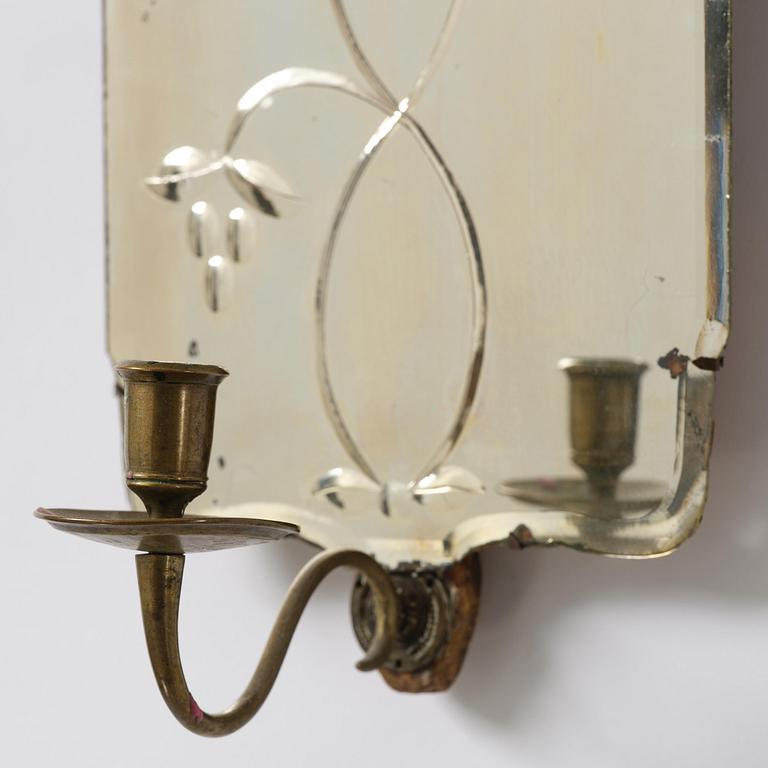 A pair of Swedish engraved-glass one-branch girandole mirrors, later part 18th century.