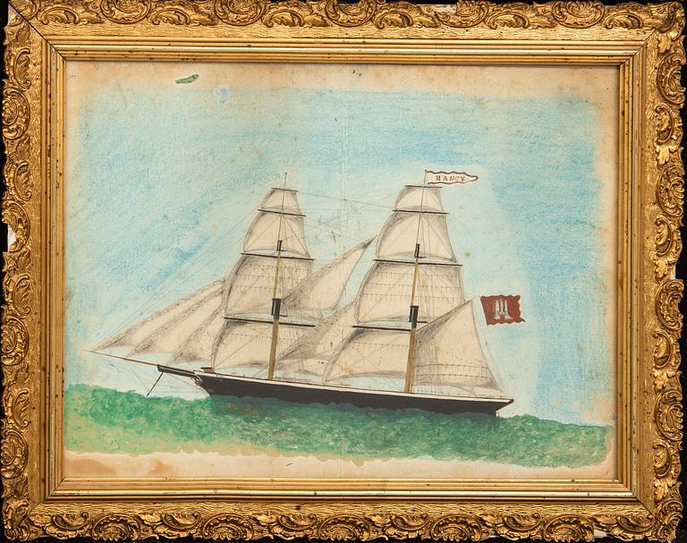 Two portraits of sailing ships, mixed media, 19th century.