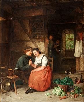655. August Jernberg, Rustic peasant interior with courting couple.