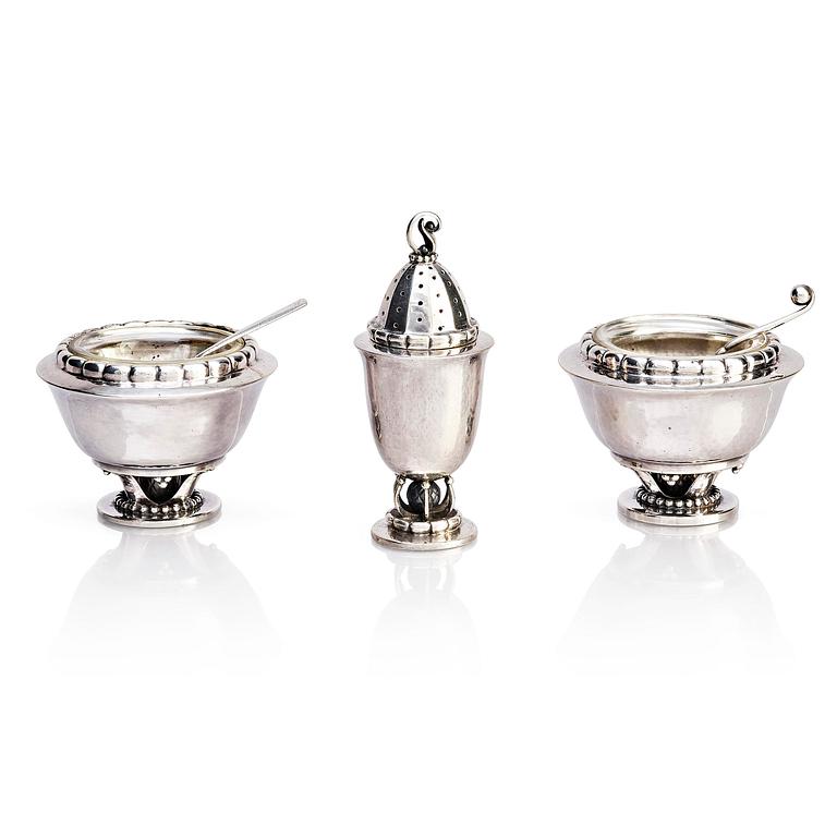 Georg Jensen, spice set, 3 pieces, silver, Copenhagen 1915-1927.