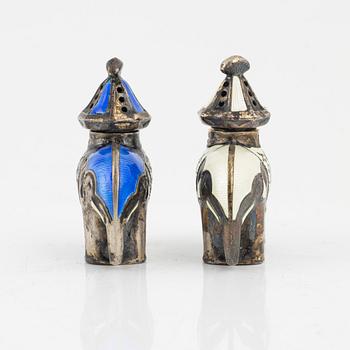 A pair of silver and enamel salt and pepper shakers, J Tostrup, Oslo, Norway.