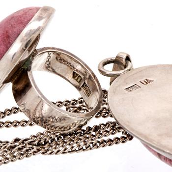 2 pendants with chains, 1 brooch, 1 ring, silver, rodochrosite, aventurine, metall, lilac drop probably glass, 4 pieces.