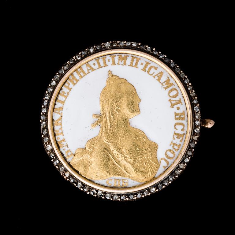 BROSCH / MYNT, emalj, rosenslipade diamanter, guld. Erik Kollin, St Petersburg, slutet av 1800.