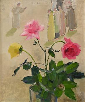 129. Olle Hjortzberg, Roses with figures in the background.