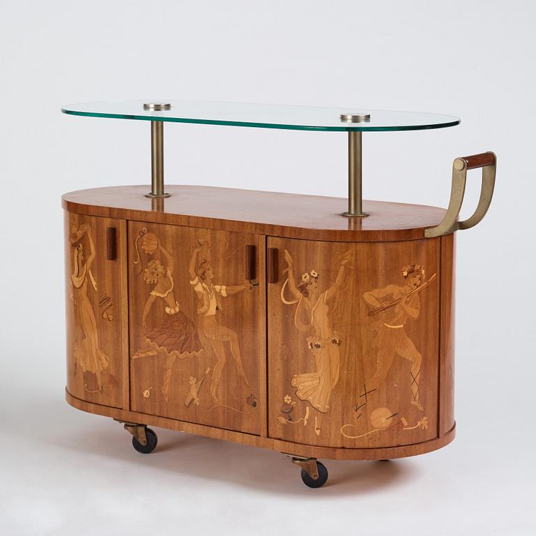 Birger Ekman, attributed to, a Swedish Modern bar-trolley by Mjölby Intarsia, 1930-1940's.