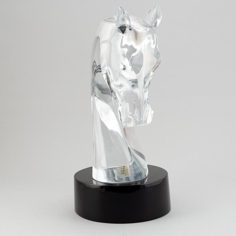 A Lalique Tête de Cheval Glass Horse Head Sculpture, signed.