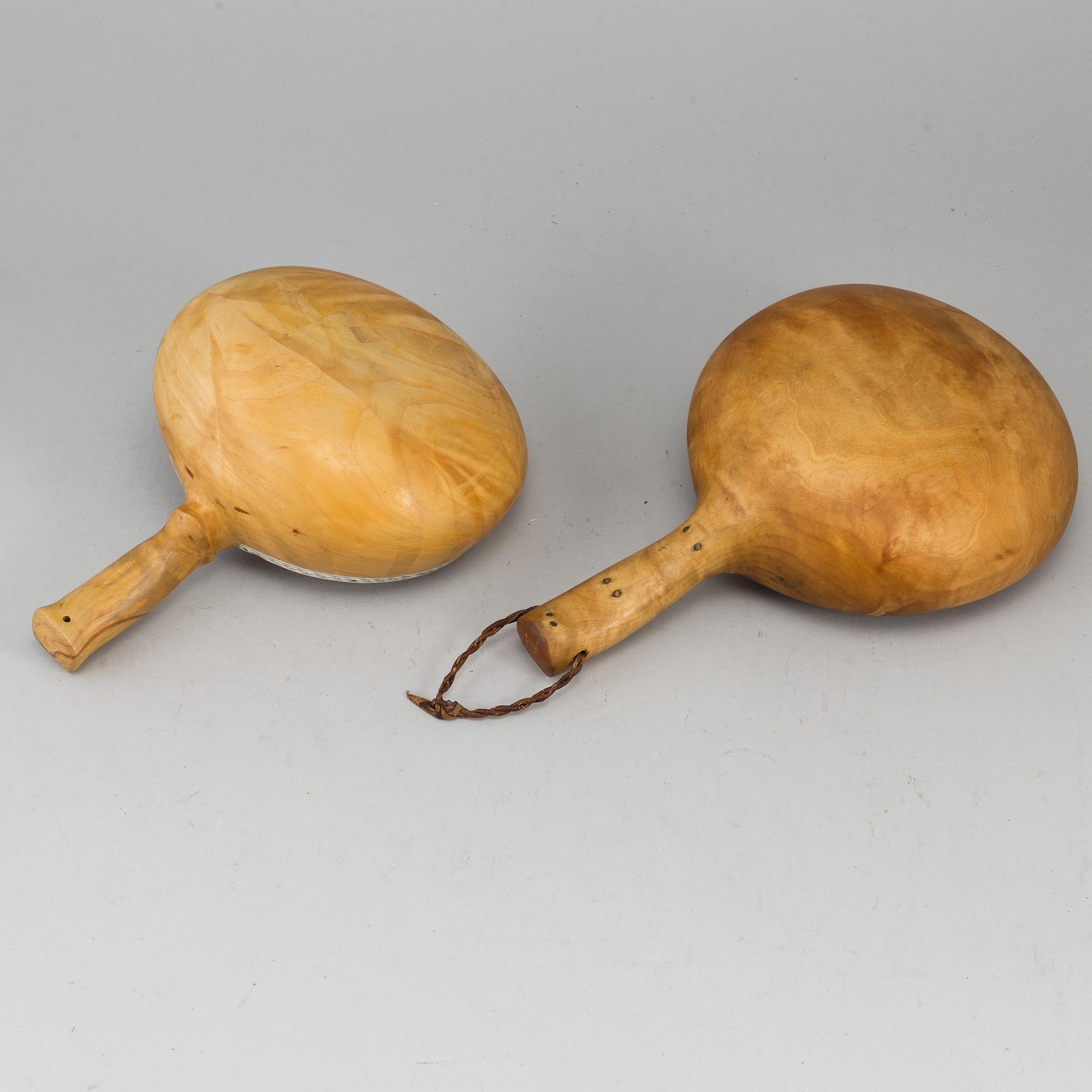 Two Sami birch milk vessels, signed.