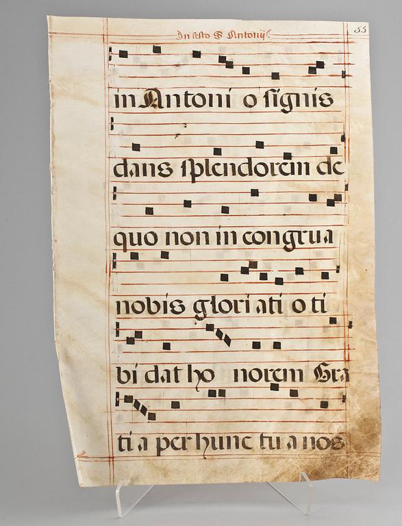 MISSALEBLAD, 3 st, pergament, enligt uppgift Spanien 1500-tal.