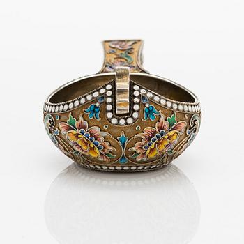 A Russian shaded cloisonné enamelled and gilt silver kovsh, mark of Vasily Andreyev, Moscow 1899-1908.