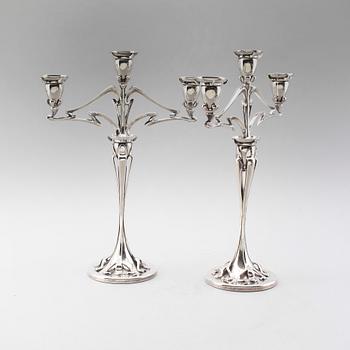 KANDELABRAR, 1 par, nysilver, jugend, tidigt 1900-tal.