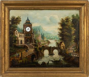 An oil painting with clockwork from around year 1900.