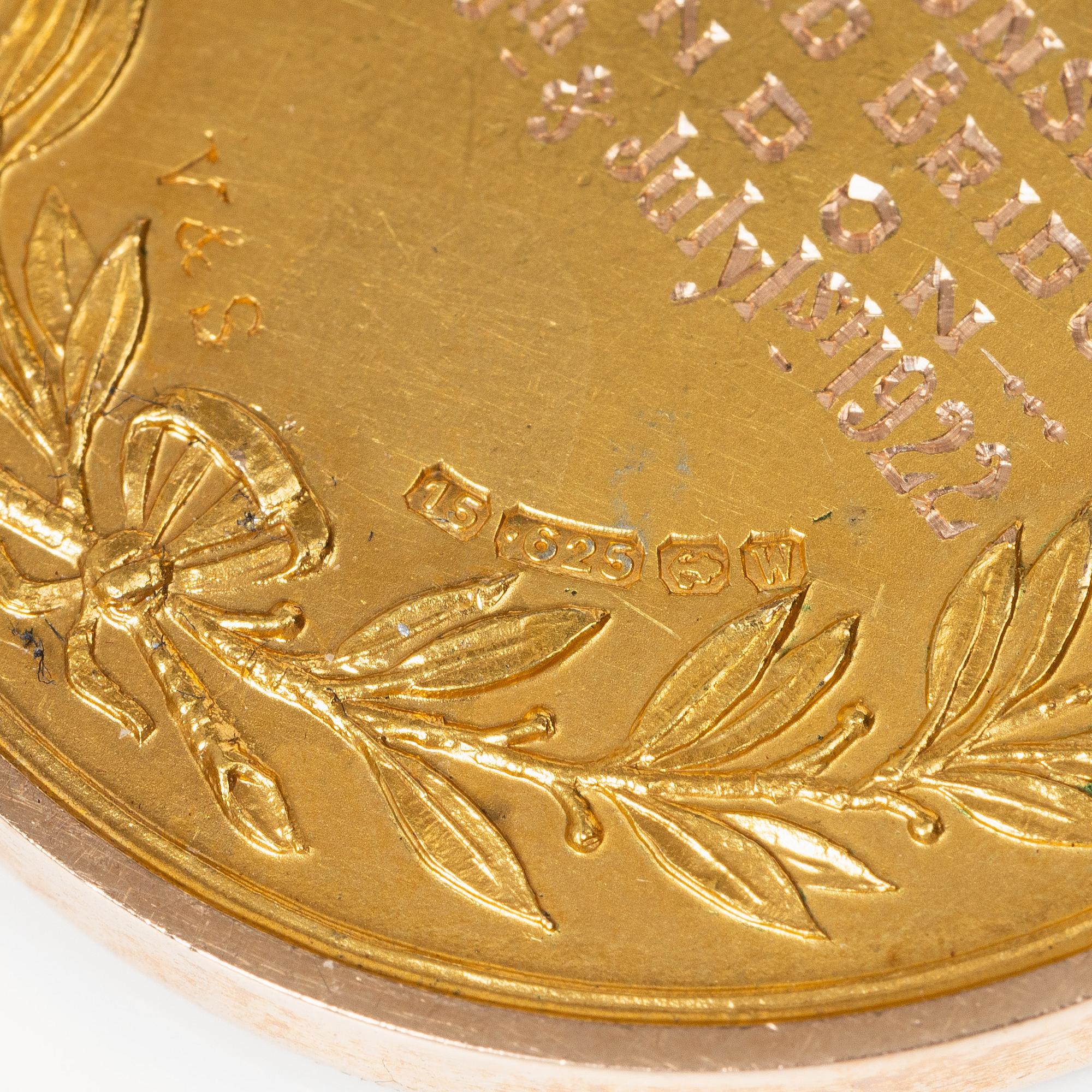 Medalj, 15K guld, England, 1922.