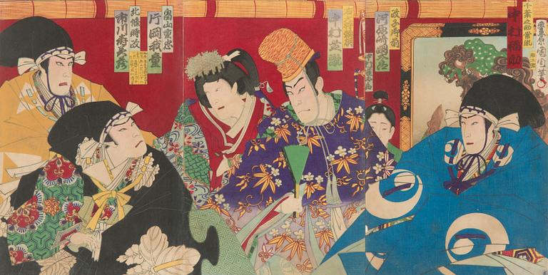 Toyohara Kunichika, triptych, woodcut, Japan.