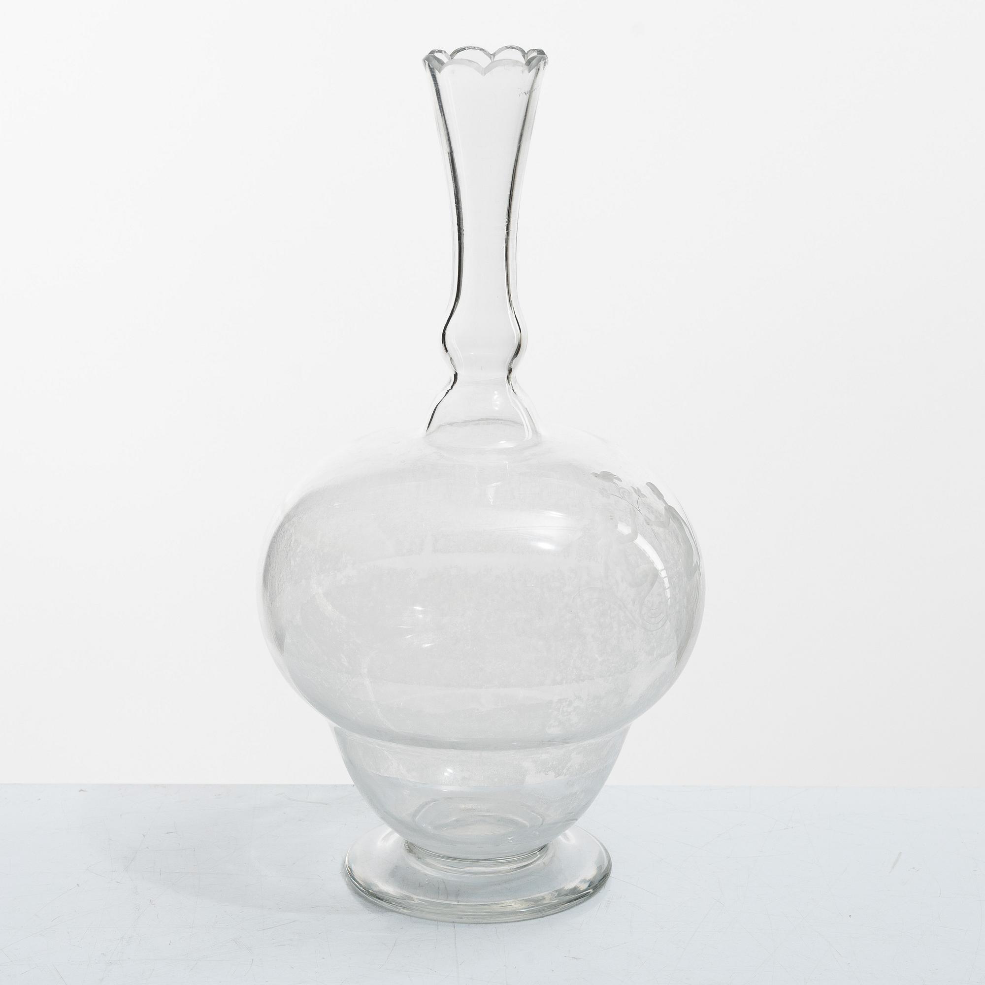 Carl Eldh, original drawings and an engraved glass decanter, Orrefors 1931.