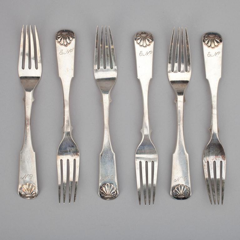 GAFFLAR, 6 st, silver, Fredrik Bredholm, Kuopio Finland 1850. Vikt 397 g.