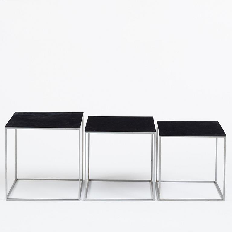 Poul Kjaerholm, a three pieces steel based, black acrylic top 'PK71' nest of tables, edition E. Kold Christensen, Denmark.