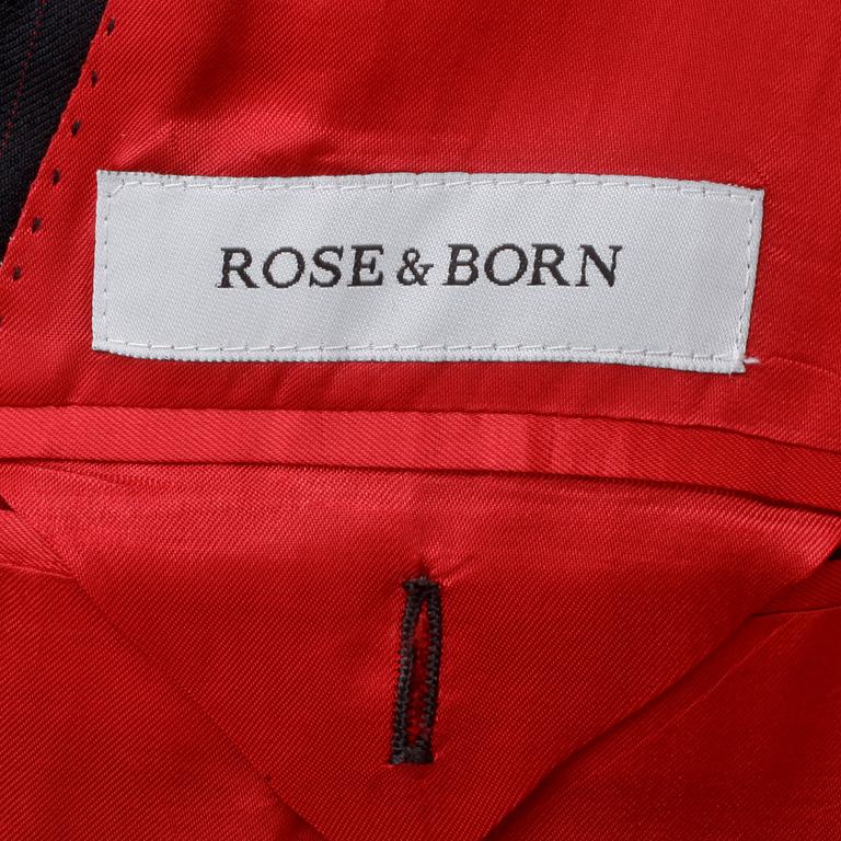 ROSE & BORN, a men's blue and red pinstriped wool suit consisting of jacket and pants, size 52.