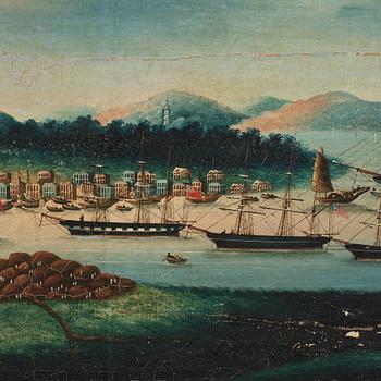 A oil painting of Whampoa Anchorage, Chinese School, Qing dynasty, 19th Century.