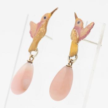 Earrings, silver, gold and enamel in the form of a hummingbird with pink opal, Mandelstam.