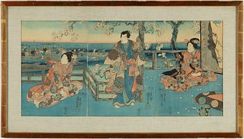 UTAGAWA KUNIYOSHI (1797/98-1861), triptyk, färgträsnitt. Japan, 1800-tal.