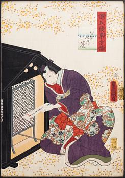 UTAGAWA KUNISADA, även kallad Toyokuni III (1786-1864) färgträsnitt, tre stycken. Japan. "Skåderspelerskor", 1800-tal.