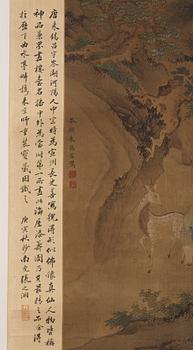 A hanging scroll of a landscape with figures, in the style of the Tang artist Zhu Niching, Qing dynasty, 19th century.