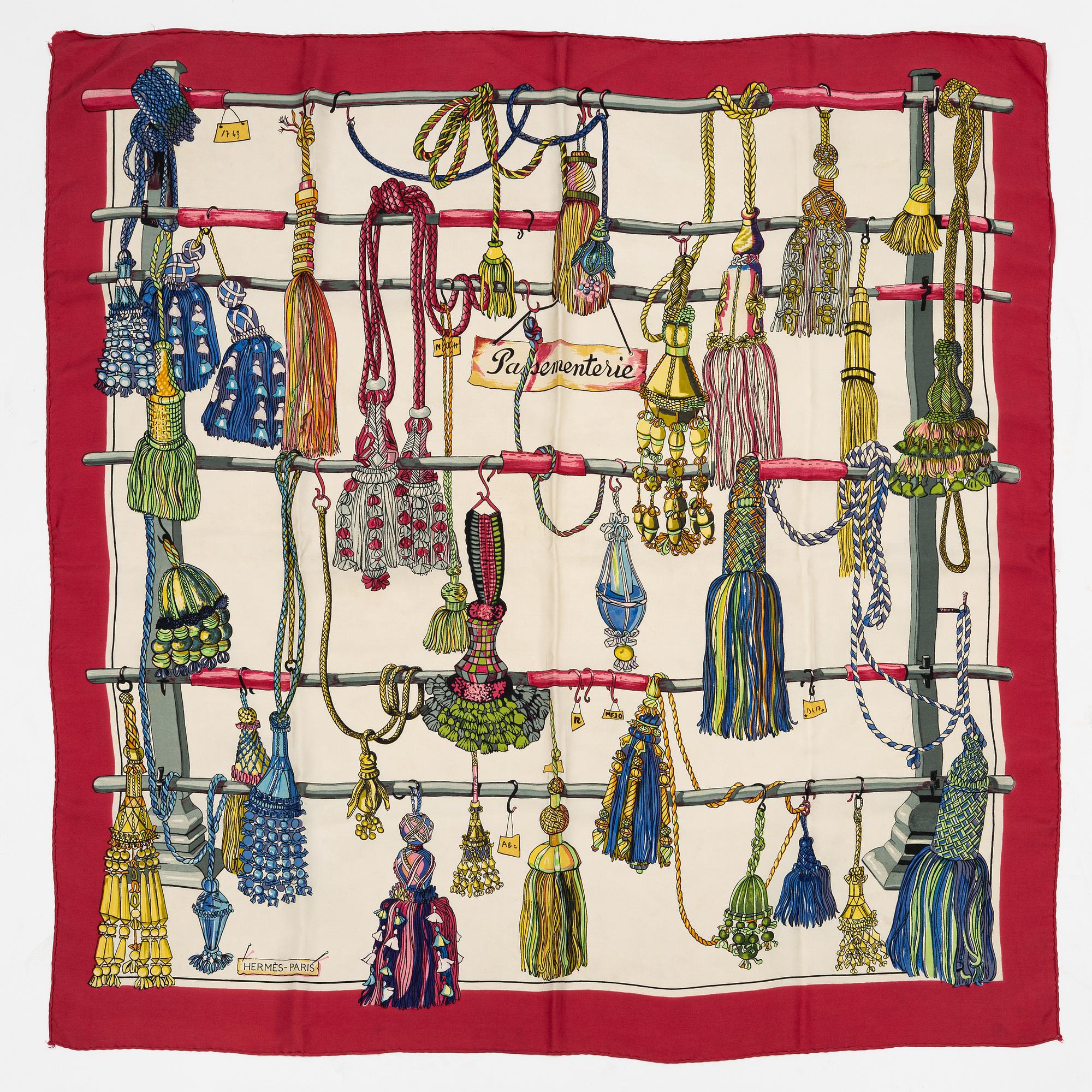 Hermès, scarves, 2 st samt knotting cards.