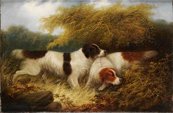 776. George Armfield Tillskriven, Landskap med två spaniels.