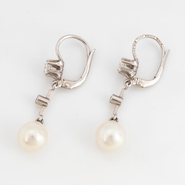 18K white gold, cultured pearl and brilliant-cut and eight-cut diamond earrings.